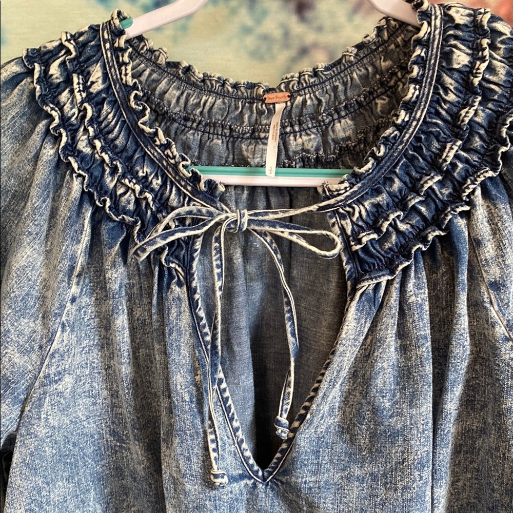 Free People Blue Ruffled Blouse with Tie Front - Picture 2 of 5